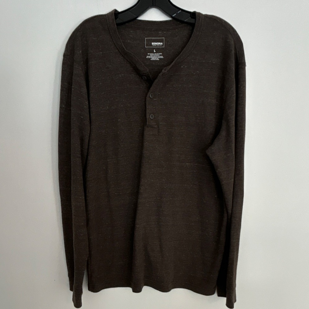 Sonoma Men's Henley Button Knit Cotton Blend T-Shirt‎ Brown Long Sleeve L